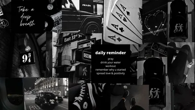 City signs, sneakers and street shots surround a small daily reminder list in the middle, everything drained to grey except the white type.