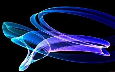 Translucent loops of blue, cyan and violet fold over each other like blown glass, set against black with the top right corner left empty.