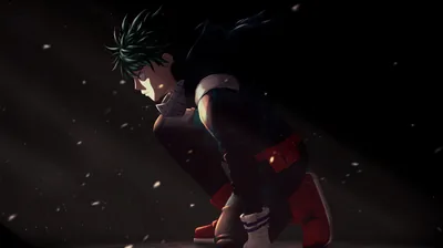 Green-haired boy braced on one knee in red boots, a single cold light from the upper right catching the snow drifting past him.