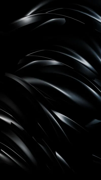 Curved black blades sweep diagonally like feathers of brushed metal, thin highlights tracing each curve while the gaps between them fall to pure black for OLED screens.