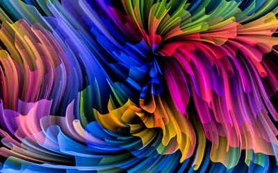 Brush-stroke ribbons in every colour twist toward an off-centre vortex, like a bouquet of paint shavings photographed mid-spin.