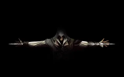 A robed assassin spreads both arms wide with wrist blades extended, the hood shadowed and the background pure black.