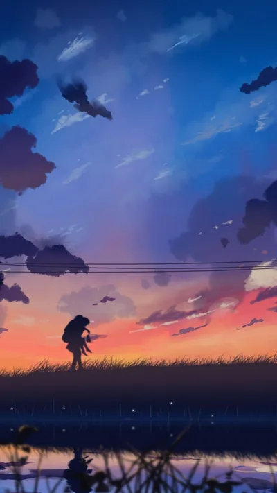A backpacker wades through dark grass beneath stacked indigo clouds, a strip of water along the bottom edge mirroring the pink sunset.