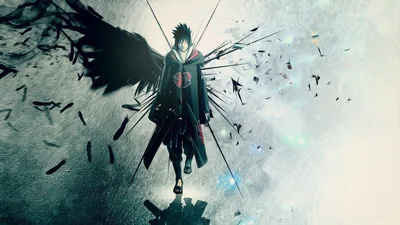 Sasuke drops through a pale grey haze trailing black feathers and shards, his sword drawn low and his sharingan lit red.