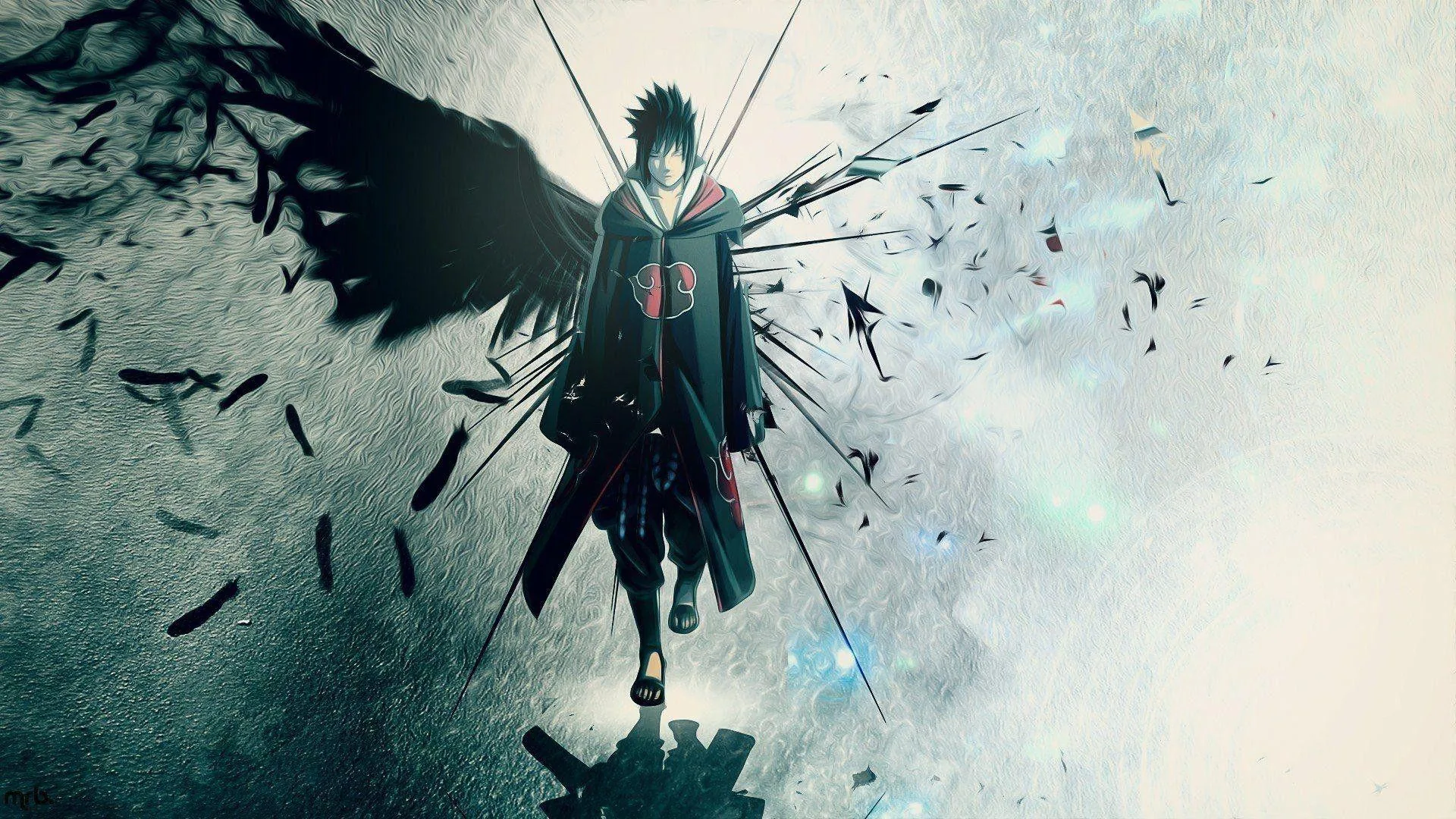 Sasuke drops through a pale grey haze trailing black feathers and shards, his sword drawn low and his sharingan lit red.