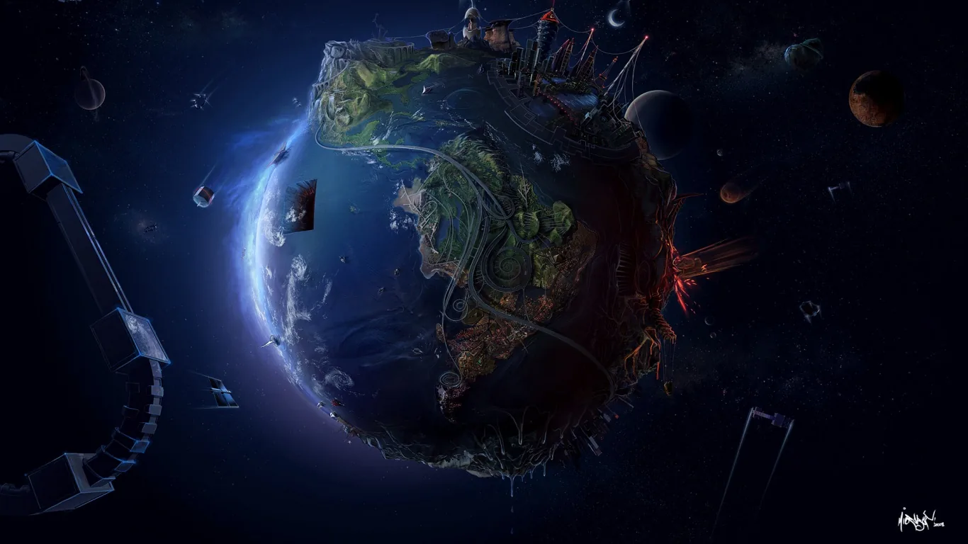 A CGI planet crusted with skyscrapers, forests and machinery, broken satellites drifting around it, everything sunk in a murky blue-black gloom.