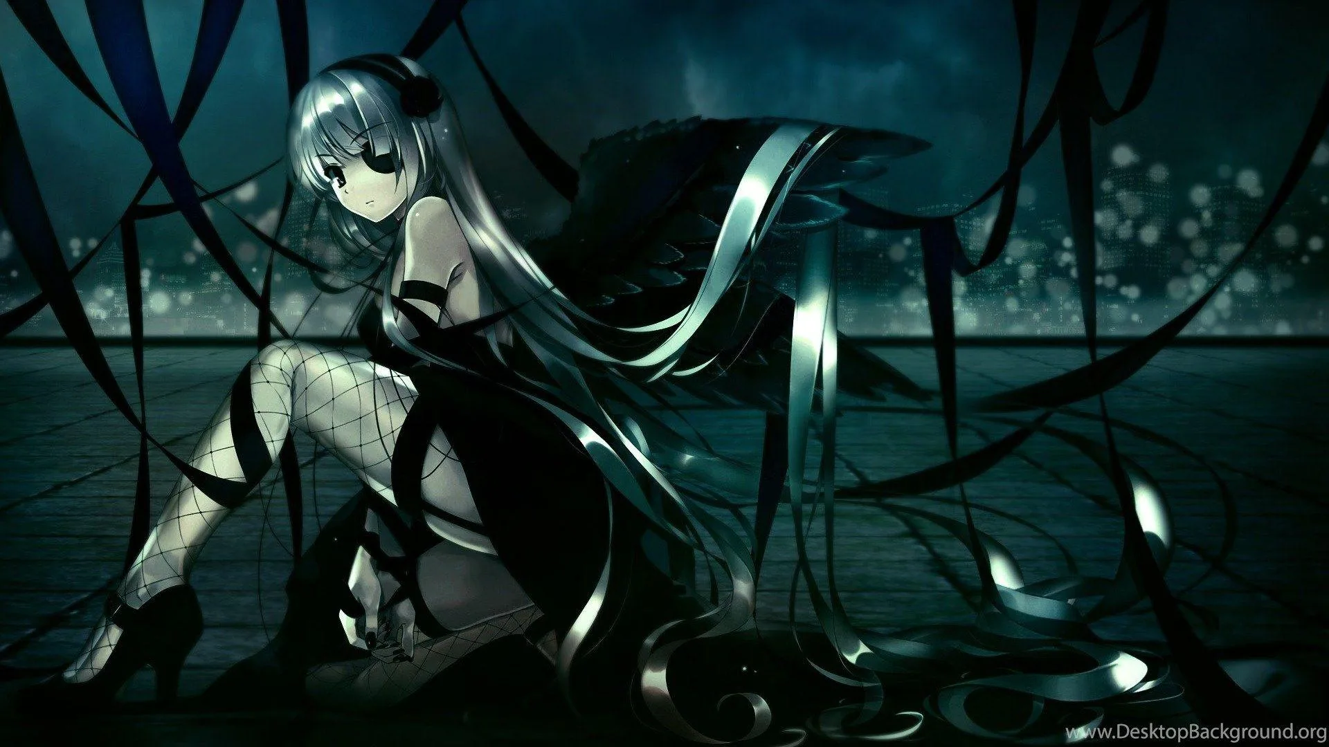 She kneels on wet stone with hair long enough to pool around her, teal ribbons trailing up the walls and city lights blurred in the distance.