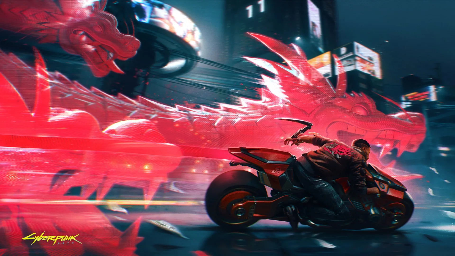 In Cyberpunk 2077 key art a glitching scarlet dragon bursts over a rider mid-lean, the blur streaks pulling every line toward the lower right corner.