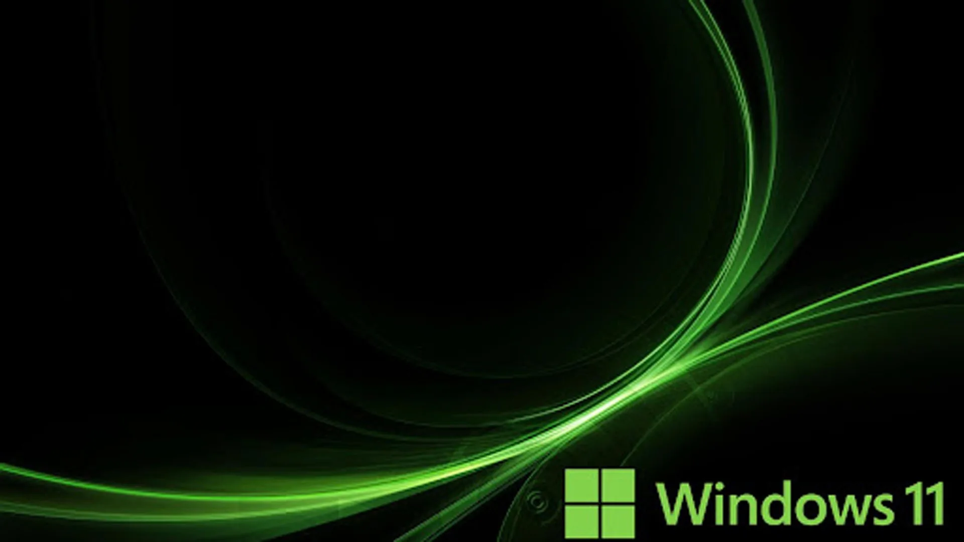 Streams of green light arc across a black field with the Windows 11 mark and wordmark set into the bottom right corner.