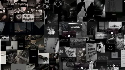 A wall of small monochrome photos, film stills and text cards packed corner to corner, a few brighter frames breaking up the grey.