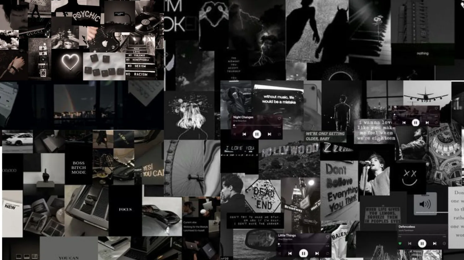 A wall of small monochrome photos, film stills and text cards packed corner to corner, a few brighter frames breaking up the grey.