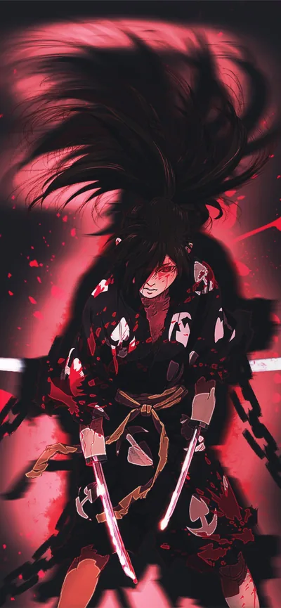Hyakkimaru stands with a katana in each hand, hair whipped upward like flame, skulls and red haze pressing in from both edges of the tall frame.
