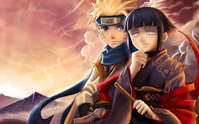 A young Naruto grins beside a shy Hinata in her dark kimono, warm orange clouds and a blue mountain ridge closing in around the pair.