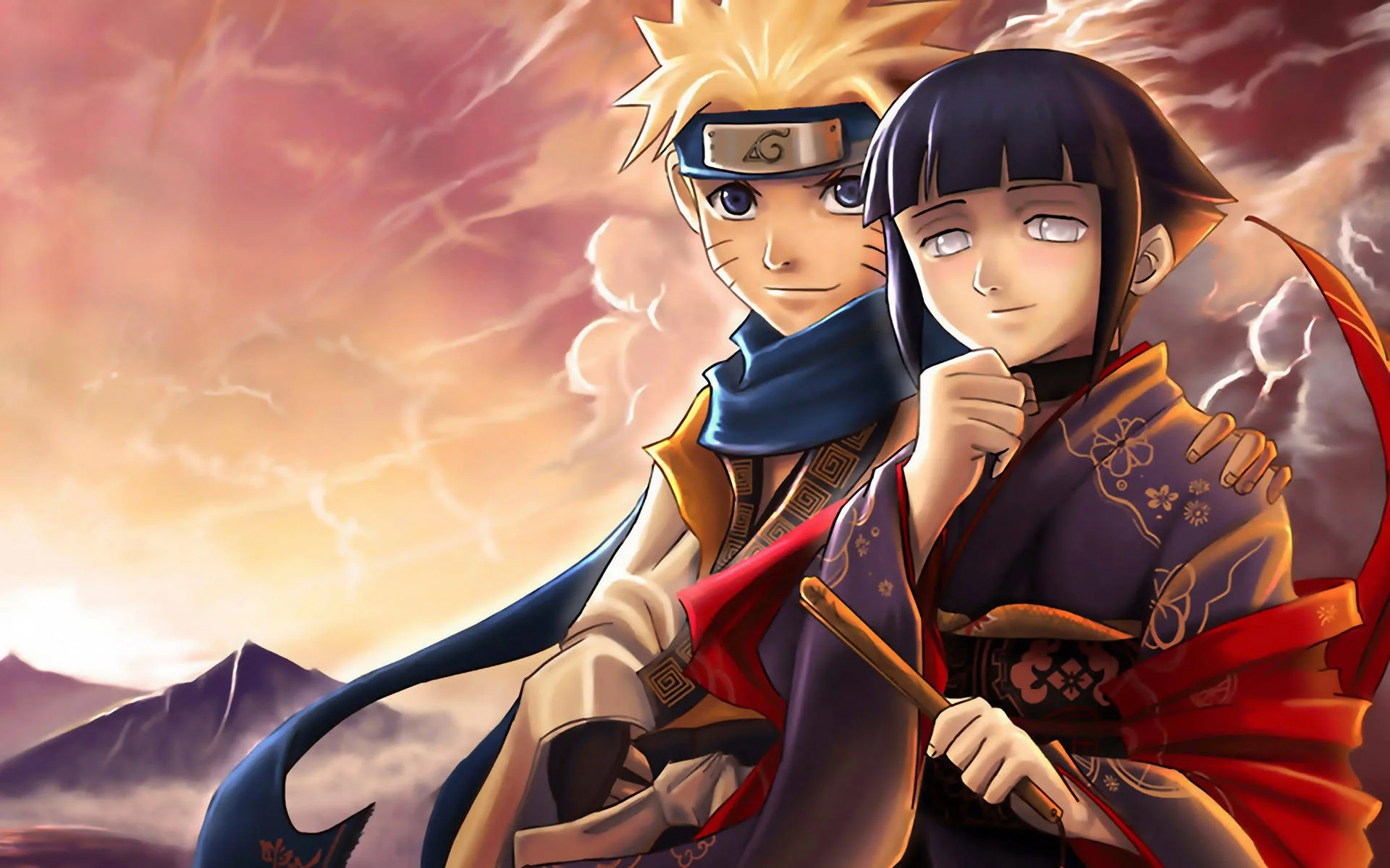 A young Naruto grins beside a shy Hinata in her dark kimono, warm orange clouds and a blue mountain ridge closing in around the pair.