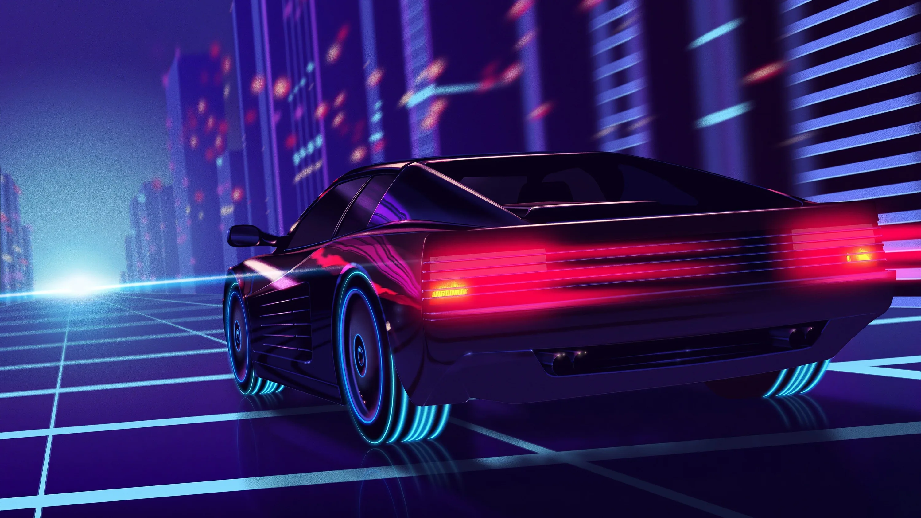 A black retro sports car speeds along a glowing grid road toward city towers, tail lights streaking red — synthwave art in blue and purple.