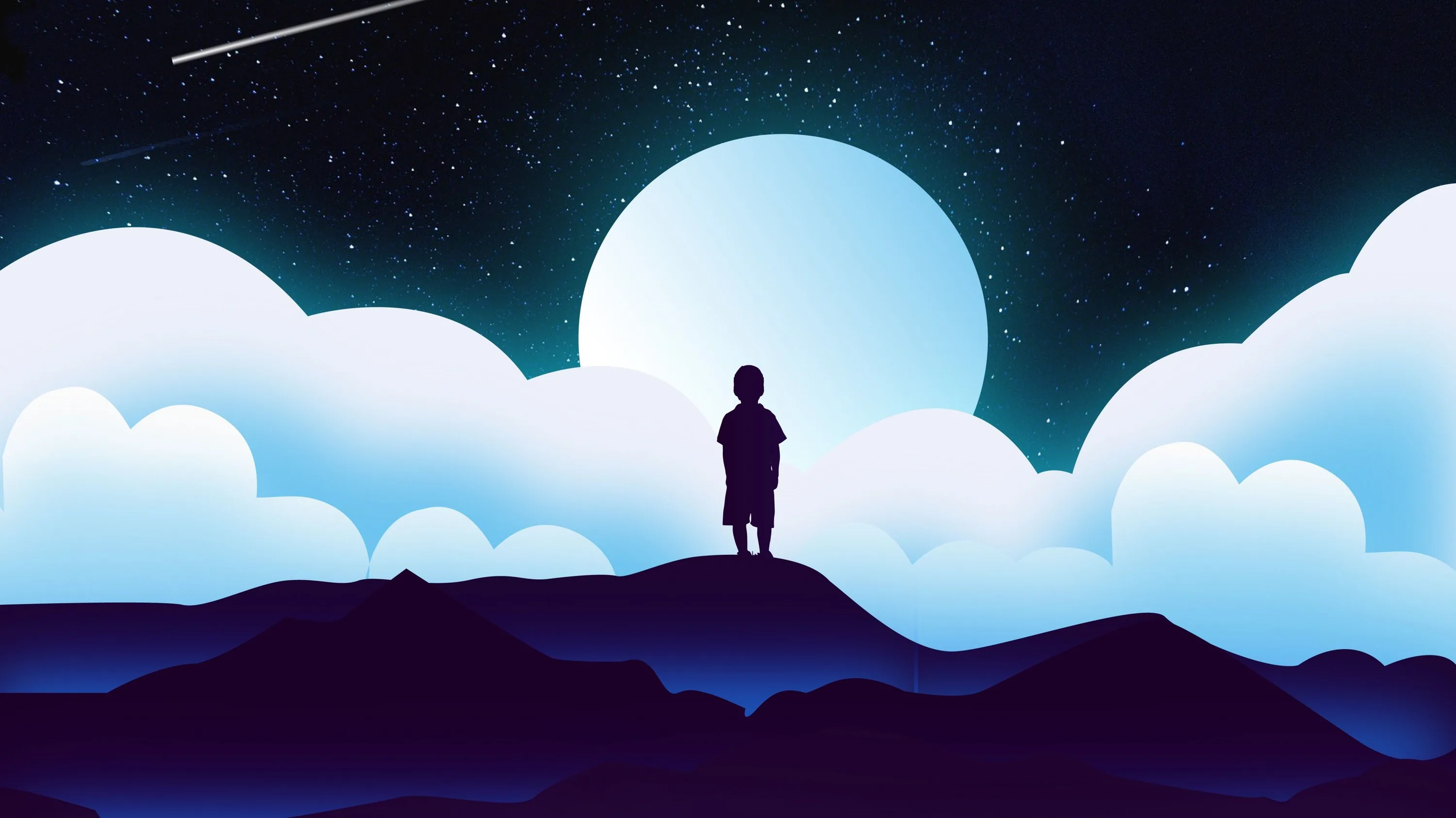 A flat vector night scene: a small silhouette stands on navy hills before a pale full moon, a shooting star crossing the top-left, the dark foreground plain enough for icons.