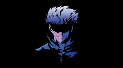 Swept-up hair and dark glasses drawn in flat blue on solid black, the collar of his jacket the last thing before the shadow takes over.