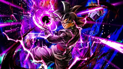 He lunges right with a black ki orb crackling in one hand, magenta debris streaking past, his snarling face just left of the wide frame's centre.