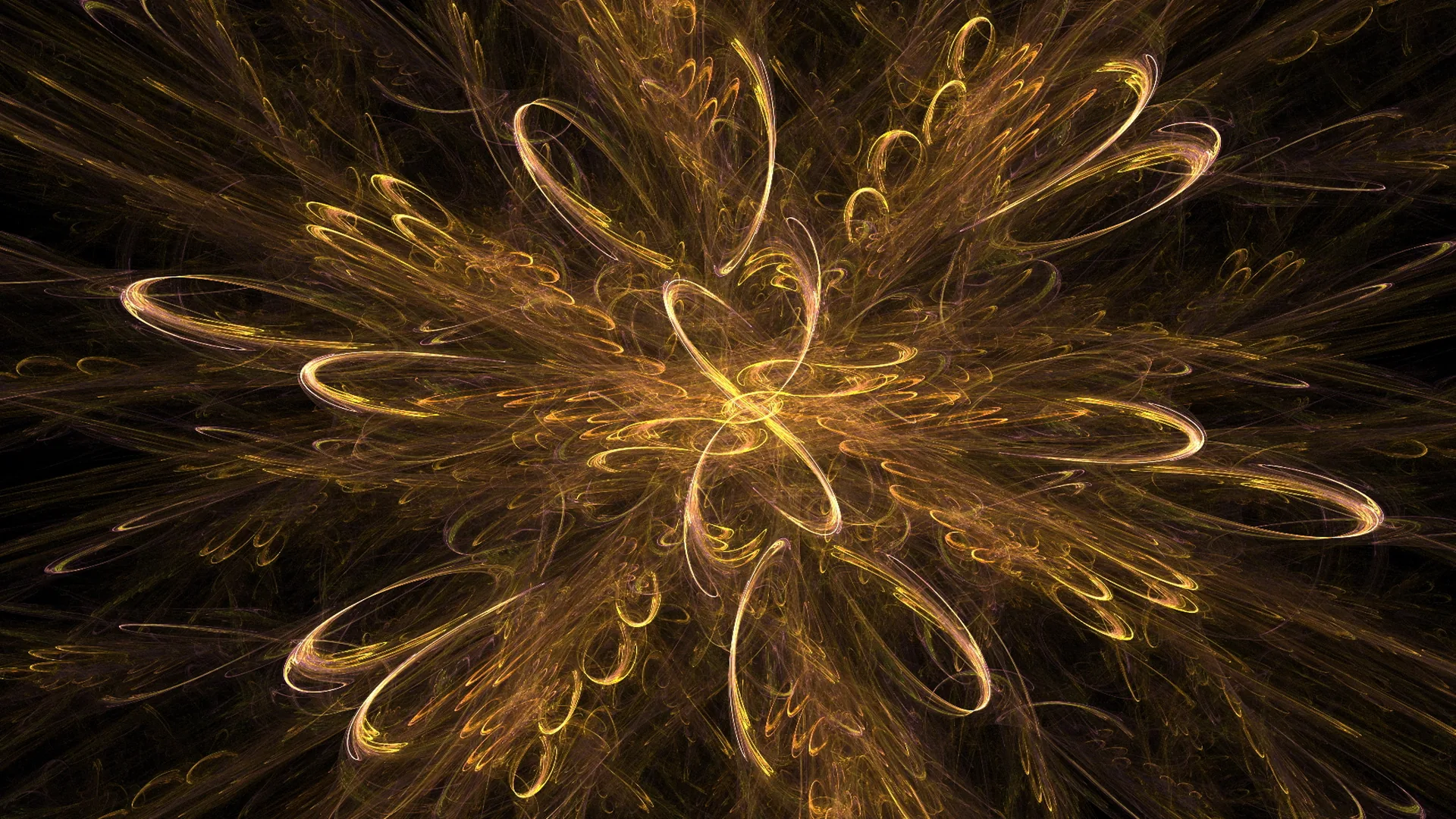 Fine threads of gold light loop out from a knotted centre like a firework mid-bloom, the corners falling to full black for OLED screens.