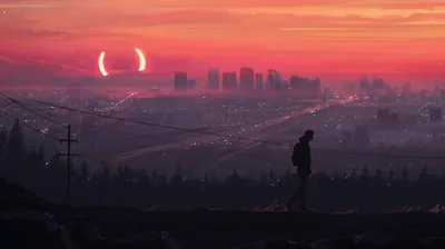 Painted in reds and pinks, a partial eclipse hangs over a distant skyline while a man walks the dark ridge in front, power poles dotting the left.