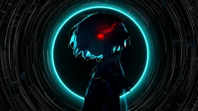 A hooded figure sits with one red eye showing, a bright cyan circle burning behind his head at the end of a long dark tunnel.