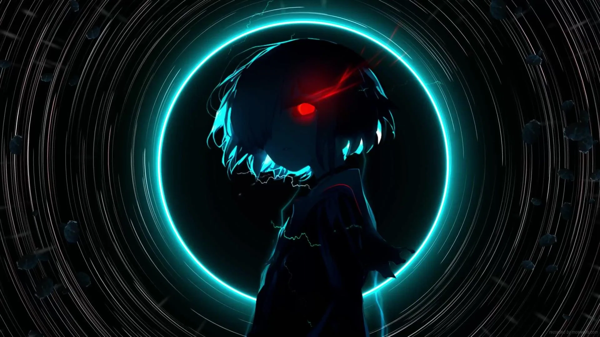 A hooded figure sits with one red eye showing, a bright cyan circle burning behind his head at the end of a long dark tunnel.