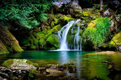 A short cascade slides over moss-covered boulders into a pool that shades from jade to deep green, the calm right half open for a clock.