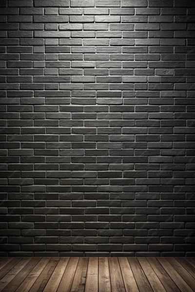 A grey brick wall lit from the top left meets warm wooden floorboards along the bottom, the classic photo-studio corner setup.