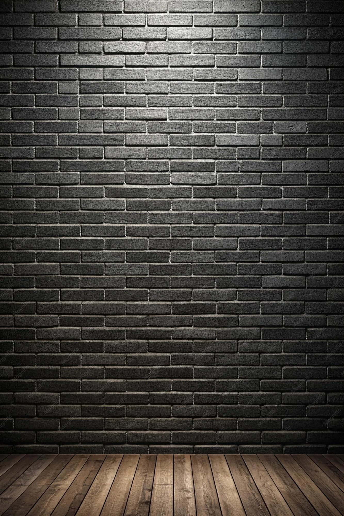 A grey brick wall lit from the top left meets warm wooden floorboards along the bottom, the classic photo-studio corner setup.
