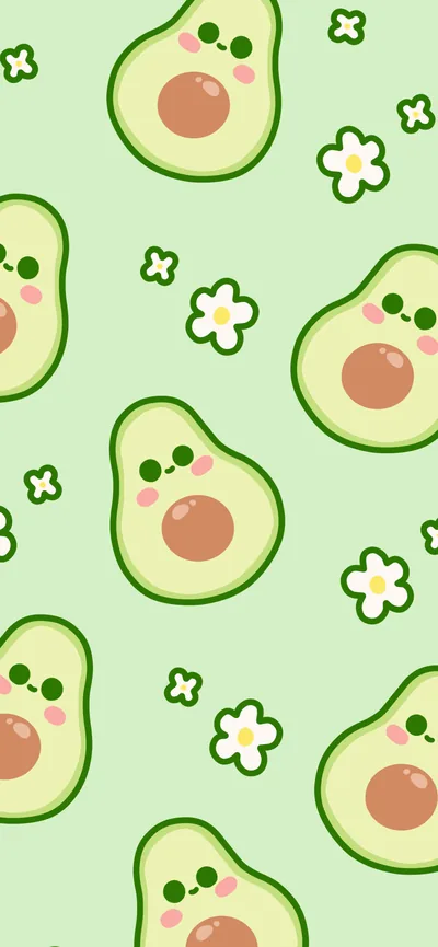 Halved avocados with shy faces alternate with small daisies down a soft green ground, an evenly spaced pattern that works behind any icon grid.