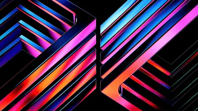 Two mirrored blocks of angled stripes catch blue, orange and pink gradients, meeting along a hard vertical seam.