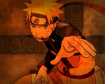 A young Naruto crouches with a kunai gripped in his teeth and a hand thrust at the viewer, set on a scratched orange-brown texture.