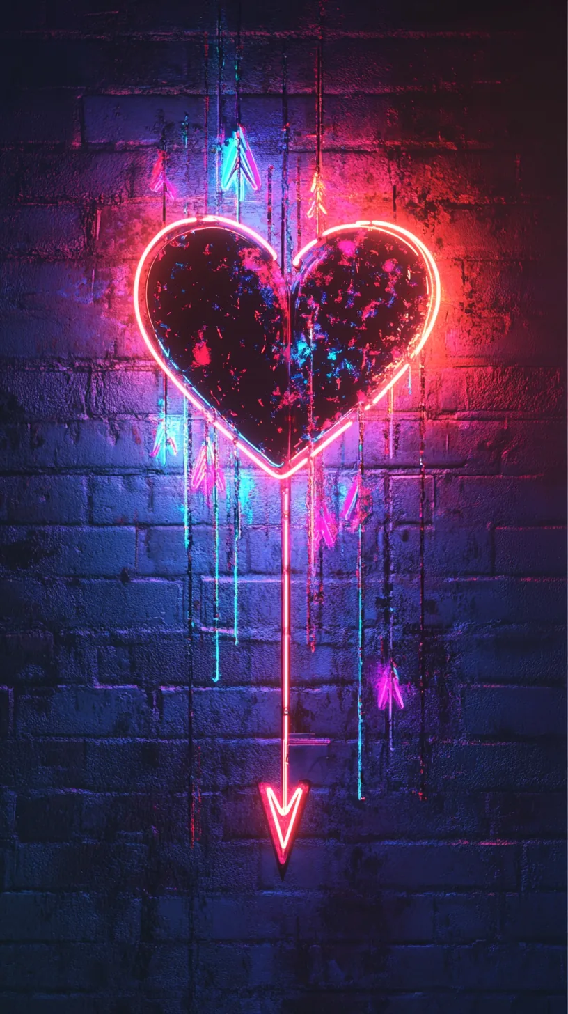 A neon heart pierced by a downward arrow glows on a dark brick wall, paint drips running below it as the corners fade to black.