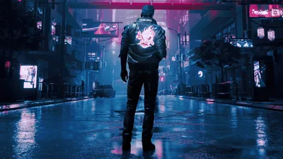 A merc walks away down a flooded midnight street, the demon emblem glowing on his back, pink signs far ahead leaving the foreground deep blue.