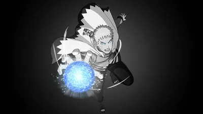 Naruto in his pale six-paths coat spins a bright blue Rasengan at his hip, the sphere the only colour in an otherwise soft grey-to-black gradient.