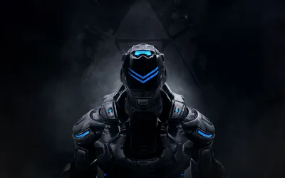 A heavy-armoured figure stands facing forward through thick haze, blue light running along the visor and chest plates with a faint triangle glowing behind.