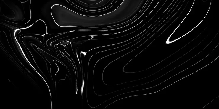 Glossy black currents fold over one another with thin silver lines tracing every ridge, the pattern loosening toward the right edge.