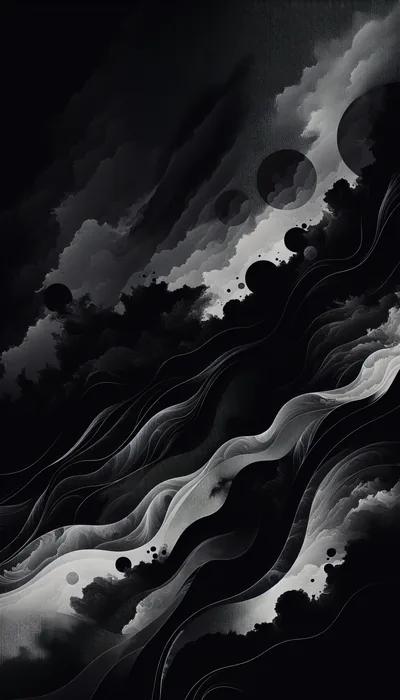 Layers of charcoal-grey waves roll diagonally across the frame, faint dark discs floating between them like distant moons in smoke.