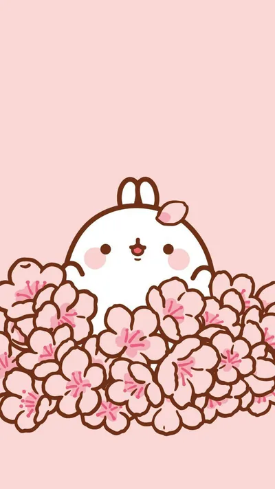 Molang sits half buried in a mound of pink blossoms at the bottom, and the plain upper half leaves room for clock and widgets without clutter.
