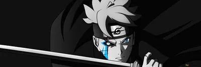An ultrawide strip cropped tight on a young ninja gripping a katana across his face, the blue tear mark and blade edge lifting out of the greyscale.