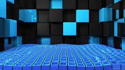 Cubes hover in rows above a lit blue floor, some faces glossy black and others glowing cyan, the horizon lost in shadow.