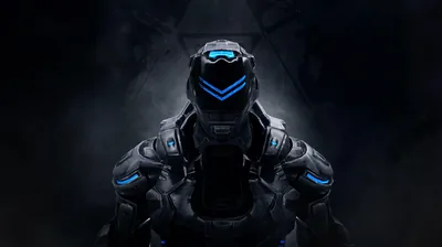 A heavily armoured figure faces forward from the shadows, blue lights running along the visor and shoulders.