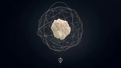 A pale rock floats at the centre of a cage of overlapping orbit rings, a tiny probe drawn beneath it in deep space blue.