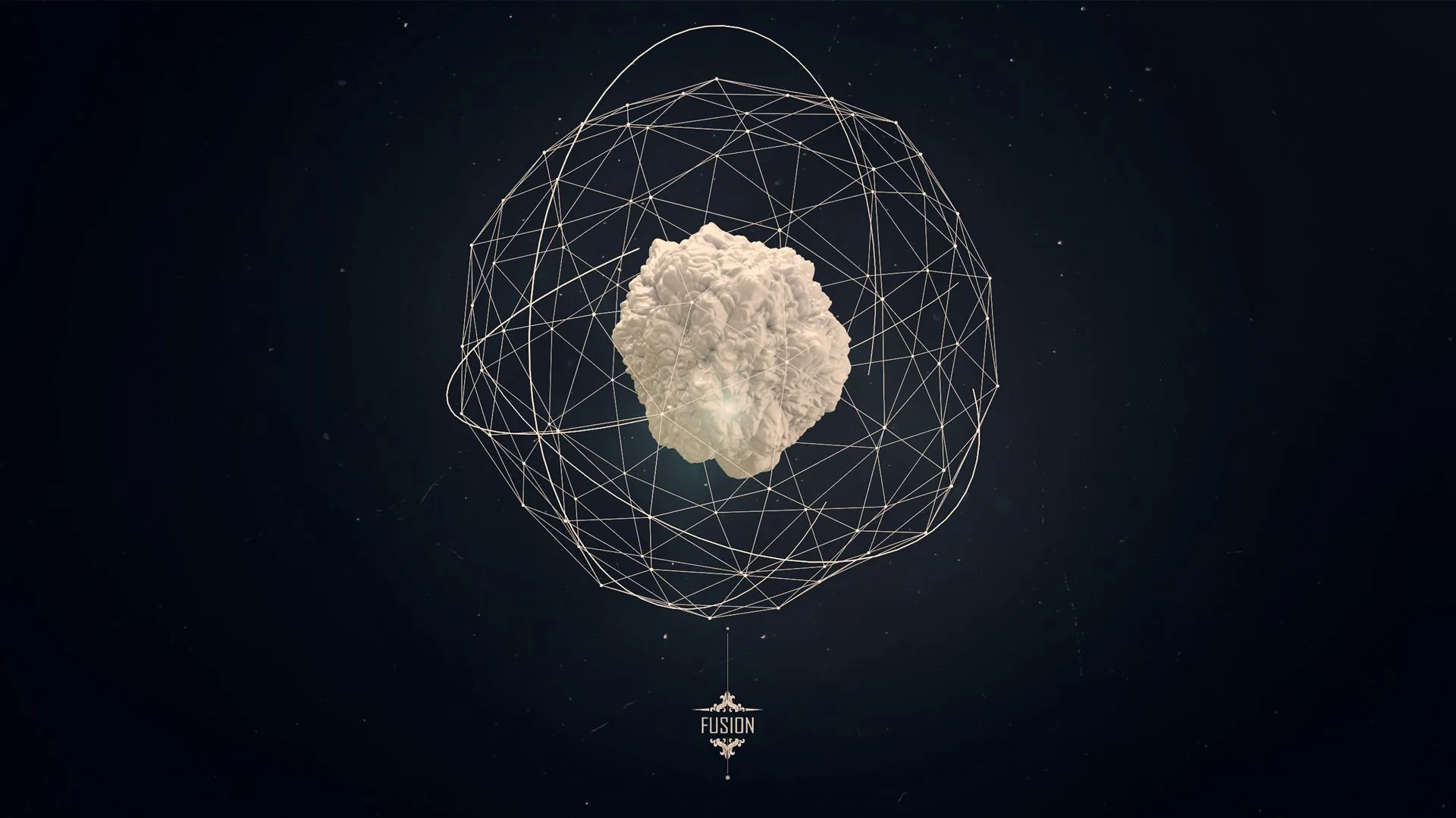 A pale rock floats at the centre of a cage of overlapping orbit rings, a tiny probe drawn beneath it in deep space blue.