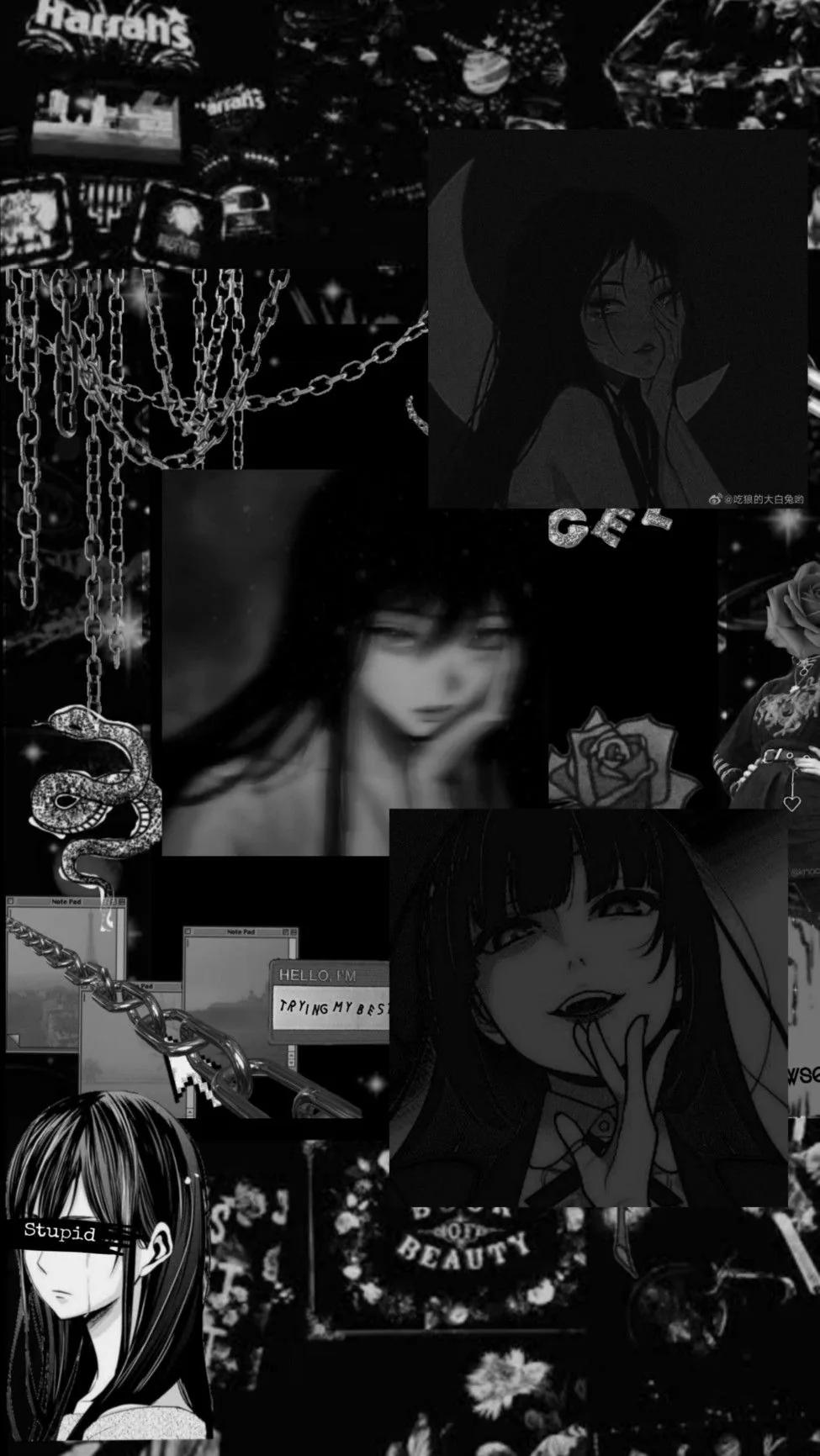 Overlapping grainy photo panels — chains, roses, a girl with a knife, spiders — tiled edge to edge in high-contrast monochrome.