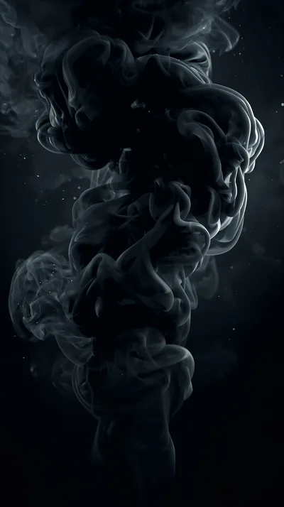 A dense column of dark smoke twists up the centre of the frame, catching just enough side light to show the folds inside it.
