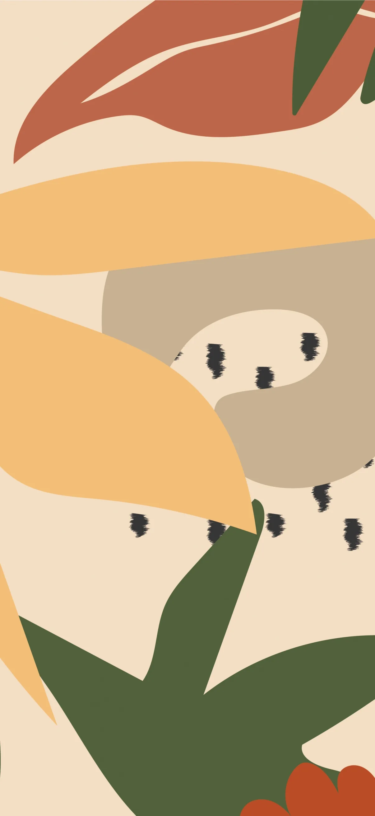 Flat matte leaf and blob cutouts in terracotta, mustard, and olive sit on cream — a boho collage with seed-dot clusters filling the quieter gaps.