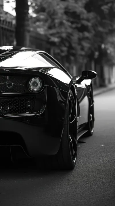 Tight vertical crop on the tail of a black Ferrari at the kerb, one round lamp and the rear diffuser sharp while the tree-lined street falls out of focus.