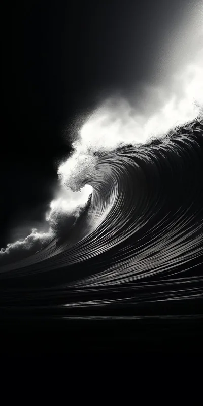 A huge wave curls against white spray in monochrome, its face streaked with foam lines while the lower third settles into calm dark water.