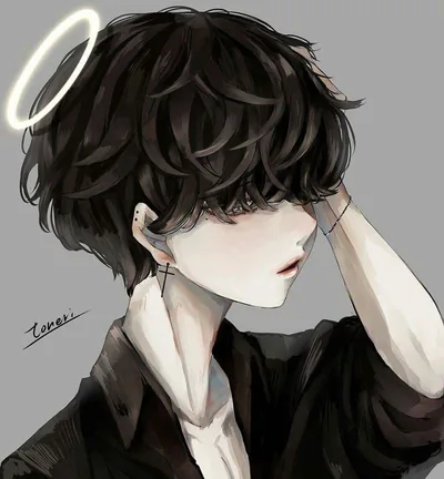 An anime boy in black pushes a hand through his curls, a thin glowing ring tilted above his head on a plain grey ground.